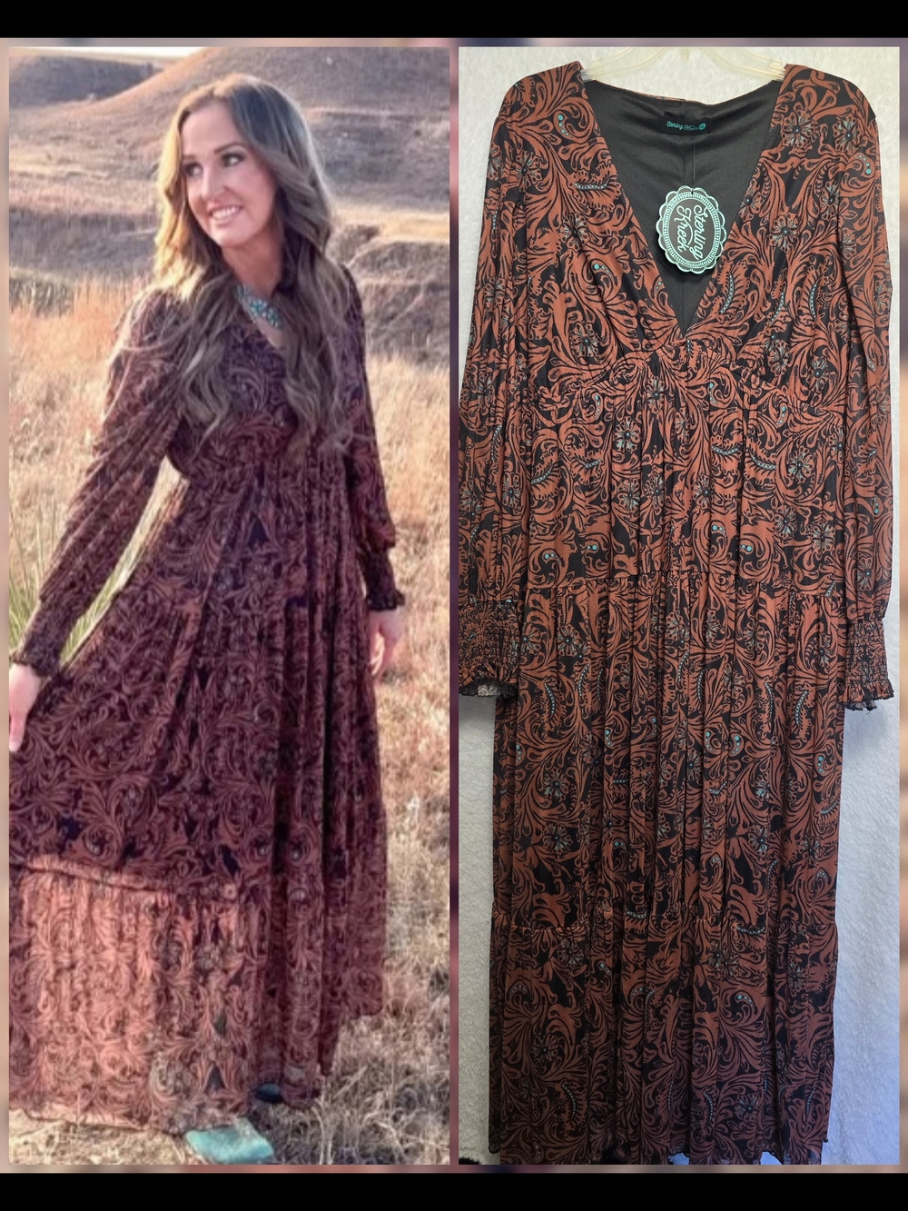 NWT Western Dreams Maxi Dress in 3X Tooled Leather Look Printed Mesh w/Lining
